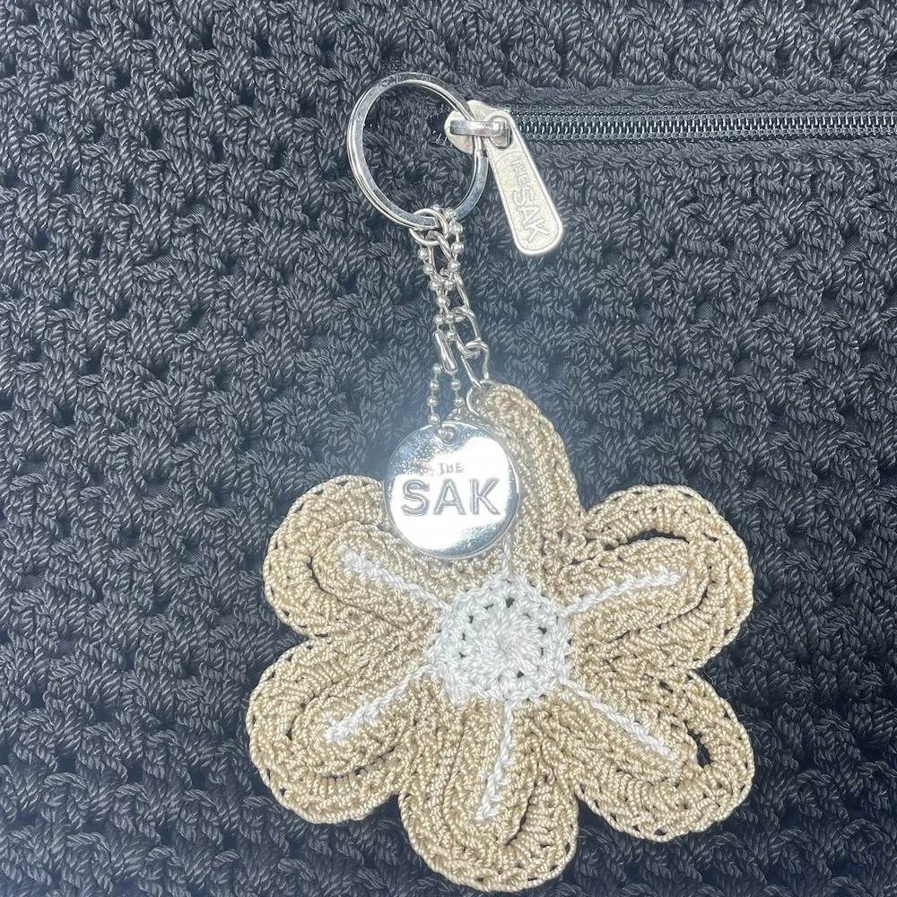 The Sak Black Crochet Shoulder Bag Boho Knit Purse Charm Flower NWOT